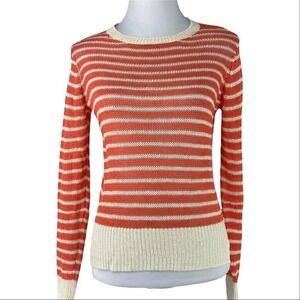 Acrobat Womens Orange White Striped 100% Linen Open Knit Sweater Size S High-Low